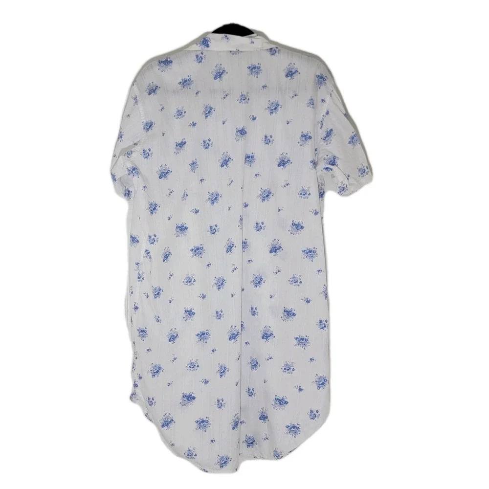 Bonsoir 100% Cotton Nightshirt Short Sleeve White Blue‎ Floral Button Front Sz L